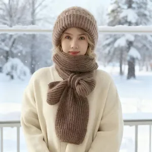 Women Winter Thickened Knit Balaclava Hat Scarf Ear Protection Neck Guard Warm Artificial Squirrel Velvet Fleece Lined Hooded Scarf