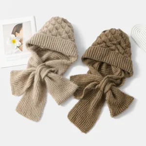 Thick fleece-lined squirrel velvet knitted hood hat scarf for women in beige and brown