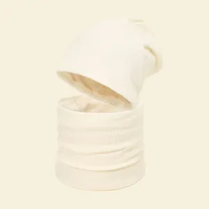 Cream knitted beanie hat and matching neck warmer set with warm lining for winter.