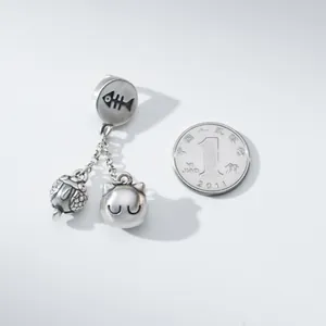 Fine Silver Cat And Fish Bone Charm Pendant Vintage Frosted DIY Bracelet Hanging Accessory Jewelry Gift For Women