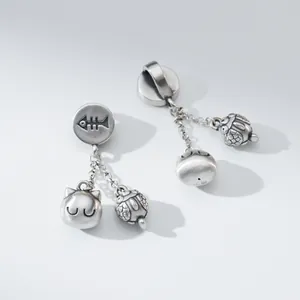 Retro matte sterling silver cat and fish tassel charm DIY bracelet pendant accessories