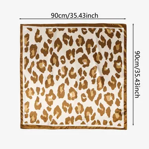 Detailed view of the 90x90cm leopard print satin square scarf showing precise dimensions.