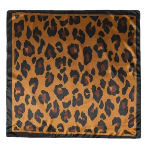 Fashionable leopard print satin square scarf with elegant black border for stylish women