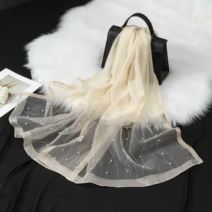 Elegant champagne sheer organza scarf with wave pattern and pearls for evening dress