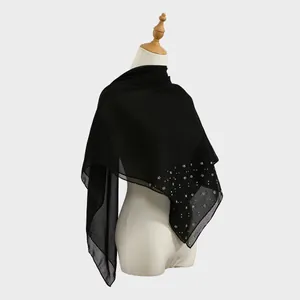 Elegant black mesh square scarf for women featuring delicate rhinestone flower patterns
