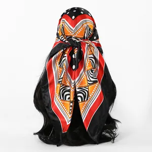 Detailed view of women geometric polka dot printed satin square scarf for travel and daily wear.
