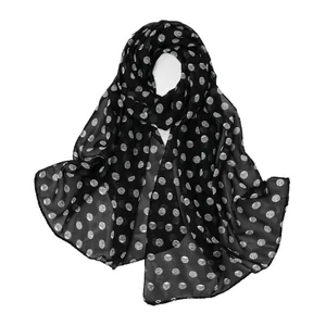 Elegant black chiffon long scarf with white wave polka dot pattern for women summer