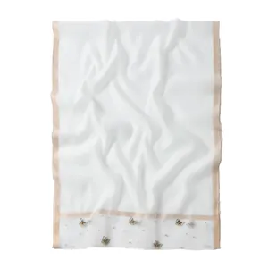 Élégante écharpe longue en organza blanc avec broderie papillon et perles pour femmes