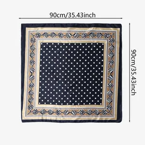 Classic 90cm polka dot satin square scarf, stylish geometric border fashion head wrap.