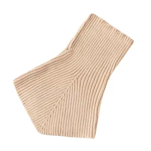 Detailed view of beige ribbed knit neck gaiter, a warm turtleneck fake collar for winter