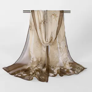 Elegant floral georgette long scarf shown with its semi-transparent drape and soft texture.