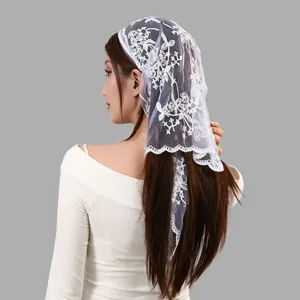 Detailed back view of white floral lace embroidered triangle headscarf bridal veil.