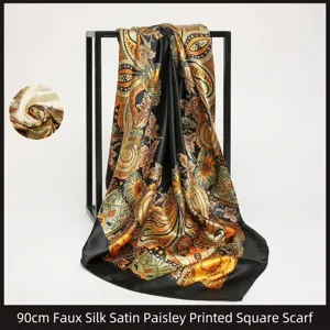Elegant 90cm satin imitation silk square scarf with vintage paisley floral print for women