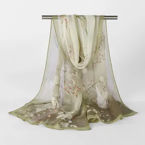 Close-up detail showing the sheer texture and floral pattern of a lightweight georgette scarf