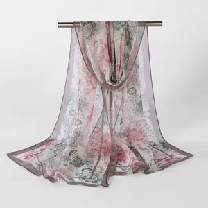 Elegant floral print georgette long scarf for women with a lightweight sheer texture.
