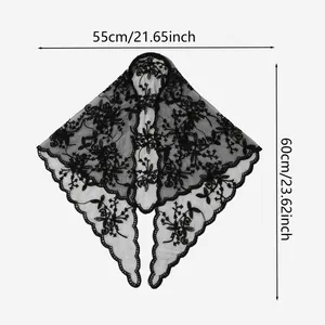 Detailed size illustration of black floral lace bridal veil: 55cm width by 60cm height