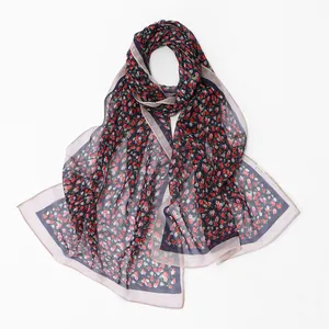 Elegant long Georgette scarf for women with small red rose floral print on navy