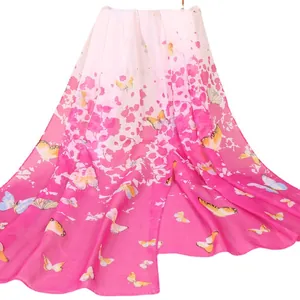 Elegante roze gradiënt chiffon sjaal met een kleurrijke vlinderprint speciaal voor dames