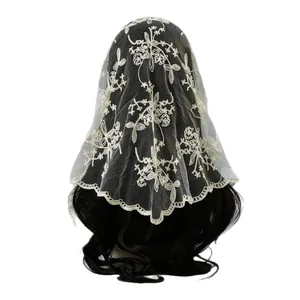 Elegant white lace embroidered bridal veil with floral patterns for weddings