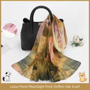 Women Elegant Chiffon Lotus Printed Scarf Lightweight Polyester Sun Protection Scarf Long Scarf Shawl Accessories For Daily Vacation