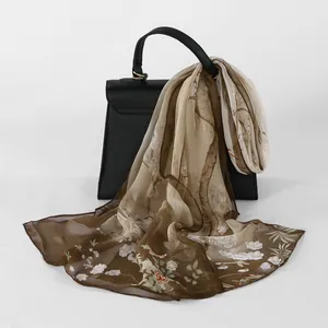 Elegant floral print georgette scarf shawl for women in classic brown and beige tones