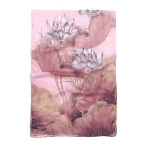 Elegant light pink chiffon scarf featuring a traditional lotus flower print for women