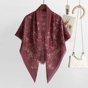 Elegant burgundy floral print voile scarf fashion shawl high-quality accessory for women