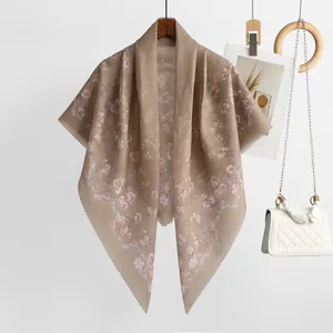 Elegant floral printed Bali yarn square scarf in beige featuring delicate scalloped edges