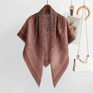 Elegant vintage floral print voile scarf in dusty rose finish with scalloped edge detail