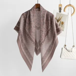 Elegant dusty rose floral print Bali yarn square scarf shawl with scalloped edges