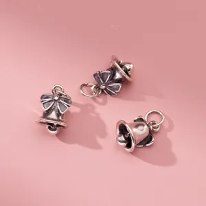 Vintage S925 sterling silver bowknot bell pendants for retro DIY jewelry making accessories