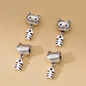 999 Puur Zilver 3D Hard Zilver Retro Verouderd Kat en Visgraat Hanger DIY Handgemaakte Sieraden Accessoire Armband