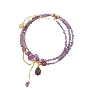 Collier et bracelet triple rang en améthyste avec pendentifs en forme de cœur et goutte