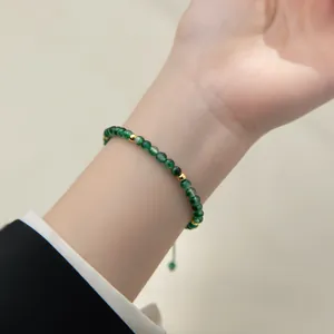 S925 Sterling Silver Gold Plated Moss Agate Beaded Bracelet For Women Natural Gemstone Handmade Adjustable Rope Jewelry Gift