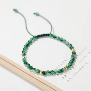 Handmade adjustable moss agate bead bracelet with S925 silver gold-plated accents