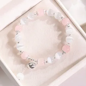 Pulsera de Piedra Ojo de Gato Natural Cuarzo Rosa Amatista Con Dije de Campana para Mujer Regalo de Cumpleaños Joyería