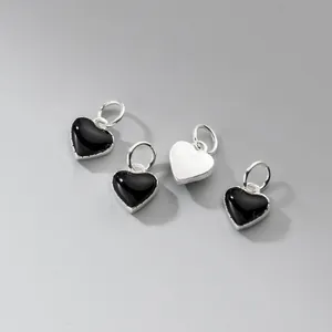 Ciondoli a cuore in argento S925 e smalto nero per creazione gioielli fai da te regalo