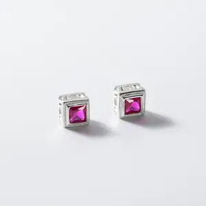 Cuenta espaciadora cubo de plata 925 con gema magenta para pulseras DIY