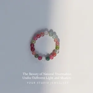 Natural Rainbow Tourmaline Beaded Ring For Women Small Round Stone Elastic Ring Minimalist Stackable Finger Jewelry Gift