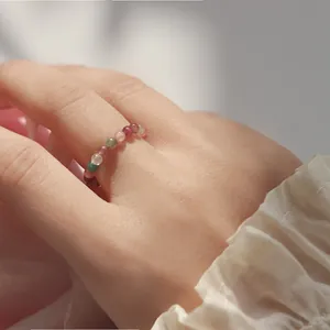 Exquisite 3mm mini natural rainbow tourmaline beaded ring ideal for stacking wear