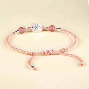 S999 Silber Drache Sternzeichen Armband mit handgewebter rosa Kordel und Perlen