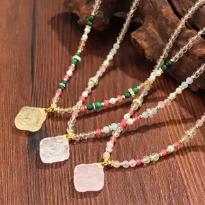 New Chinese Style Beaded Necklace Natural Prehnite Aquamarine Citrine White Crystal Carved Pendant Gold Plated Jewelry Gift For Women