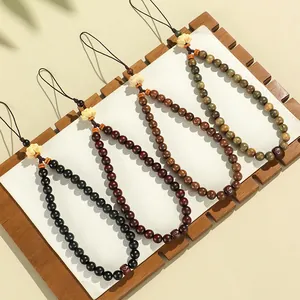 Nouveau Style Chinois Pendentif Lotus en Bois de Santal Chaîne de Téléphone Bijou de Sac Rétro Fait Main Ornement en Perles de Bois Cadeau Femme Homme