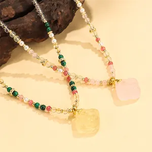 Neo-Chinese style beaded necklace with prehnite and crystal gemstone pendants