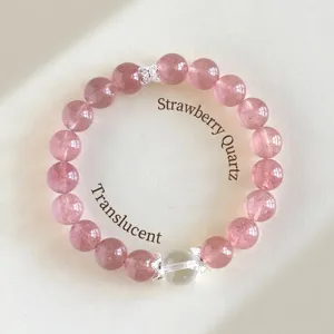Elegant handmade pink strawberry quartz and white crystal beaded bracelet for women