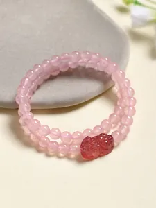 Bracelet double tour en perles de quartz fraise rose naturel avec charm Pixiu rouge