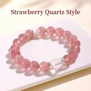 Pink strawberry quartz beaded bracelet with clear crystal and silver bow accents