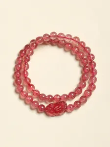 Bracelet double rang en cristal de fraise naturel avec breloque Pixiu sculptée