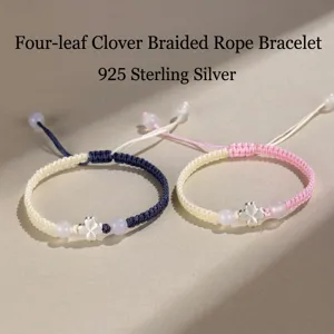 Bracelet Trèfle à Quatre Feuilles Tressé à la Main Argent Sterling 925 Bracelet Réglable en Agate Blanche pour Femme Cadeau Bijoux Rose Bleu