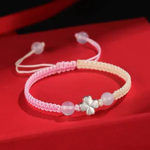 Bracelet tressé en argent 925 avec trèfle à quatre feuilles et perles d'agate blanche rose